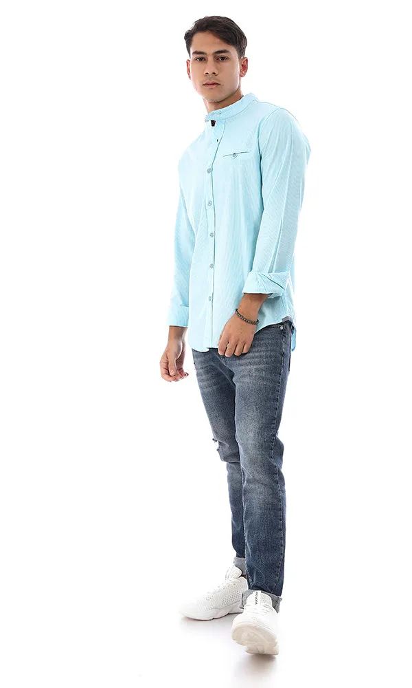 57859 Thin Striped Mandarin Neck Shirt - Light Cyan