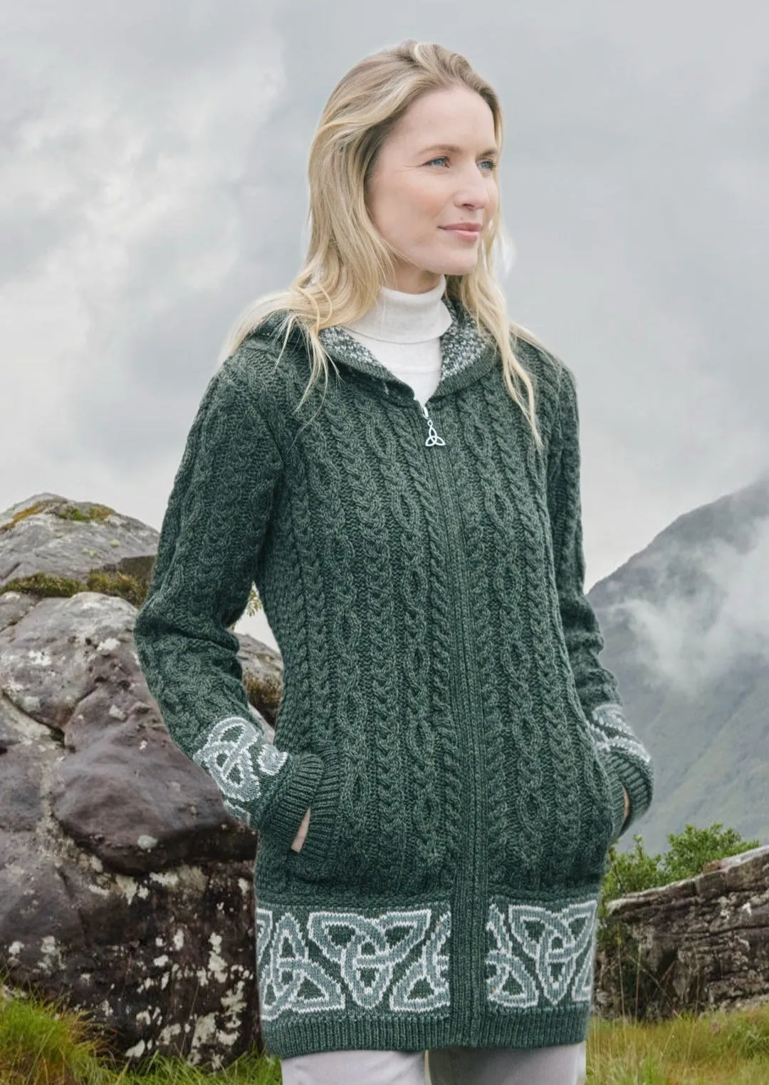 Aran Women's Jacquard Hooded Cardigan | Green