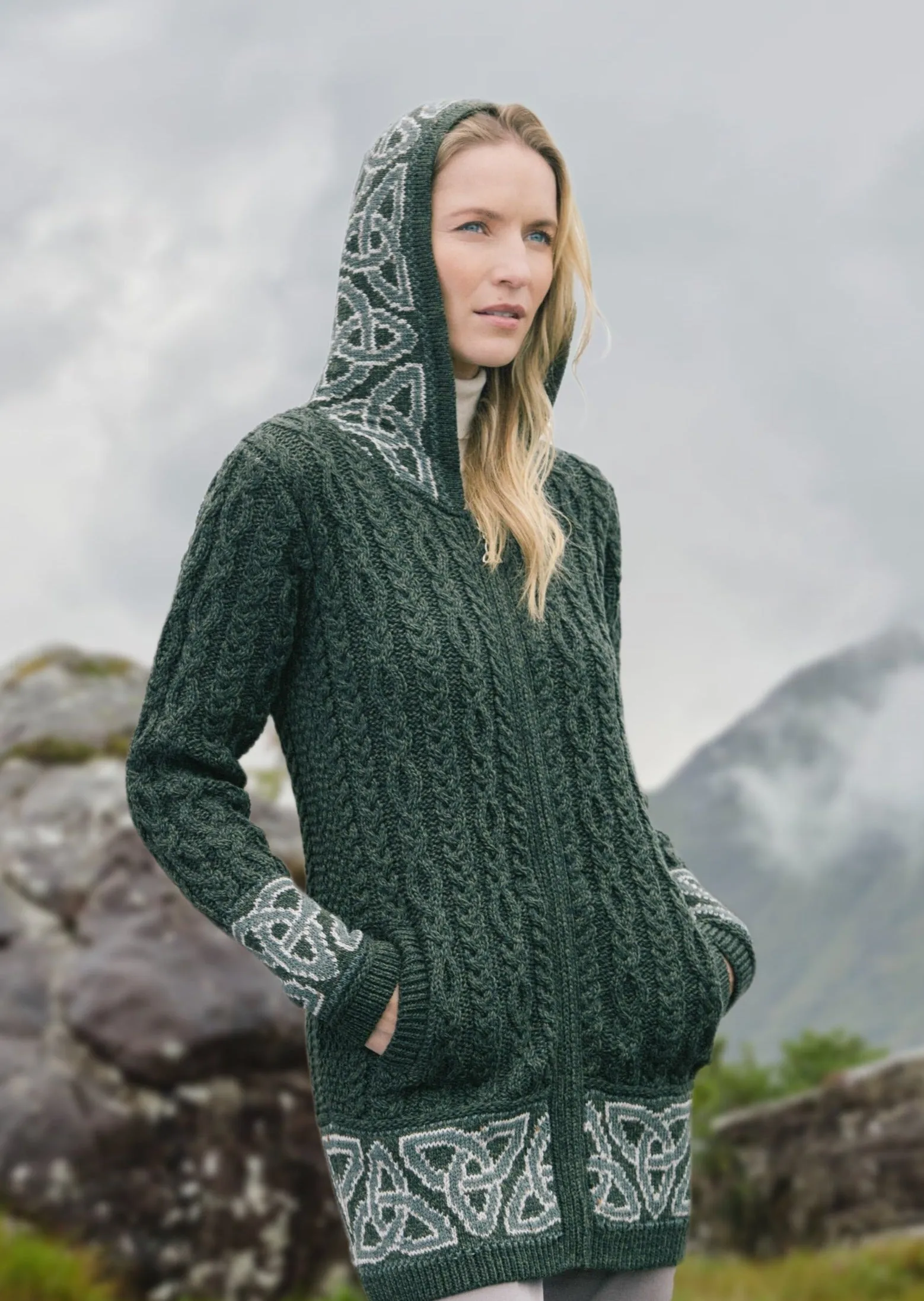 Aran Women's Jacquard Hooded Cardigan | Green