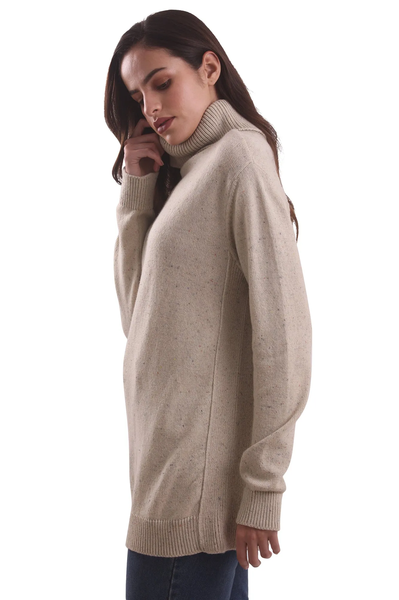 Beige Turtle Neck Tunic-fit Sweater