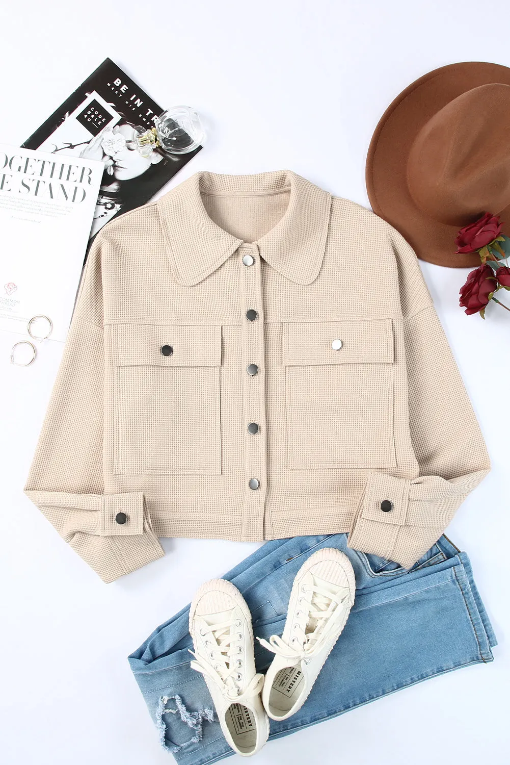 Beige Waffle Knit Buttons Cropped Jacket