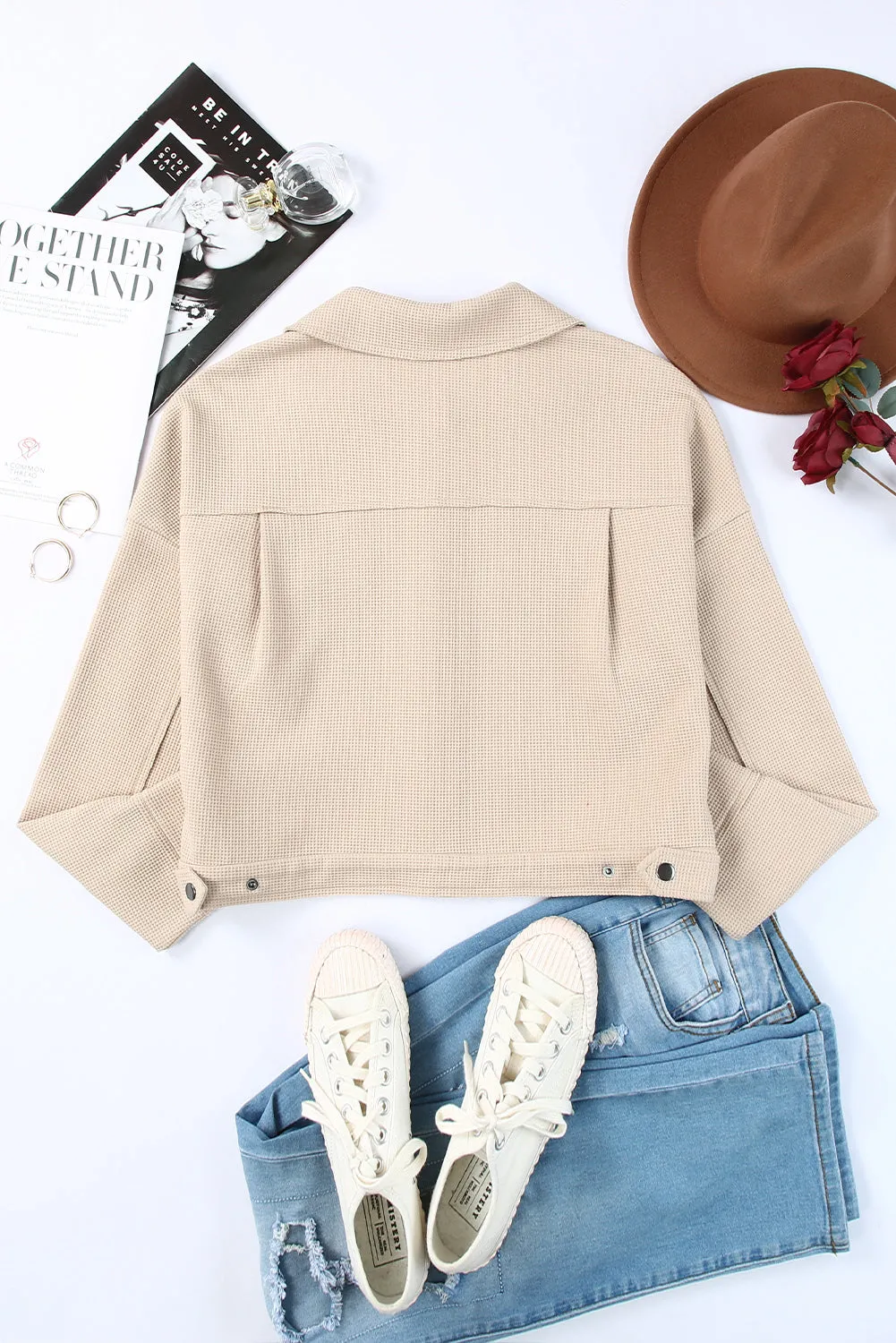 Beige Waffle Knit Buttons Cropped Jacket