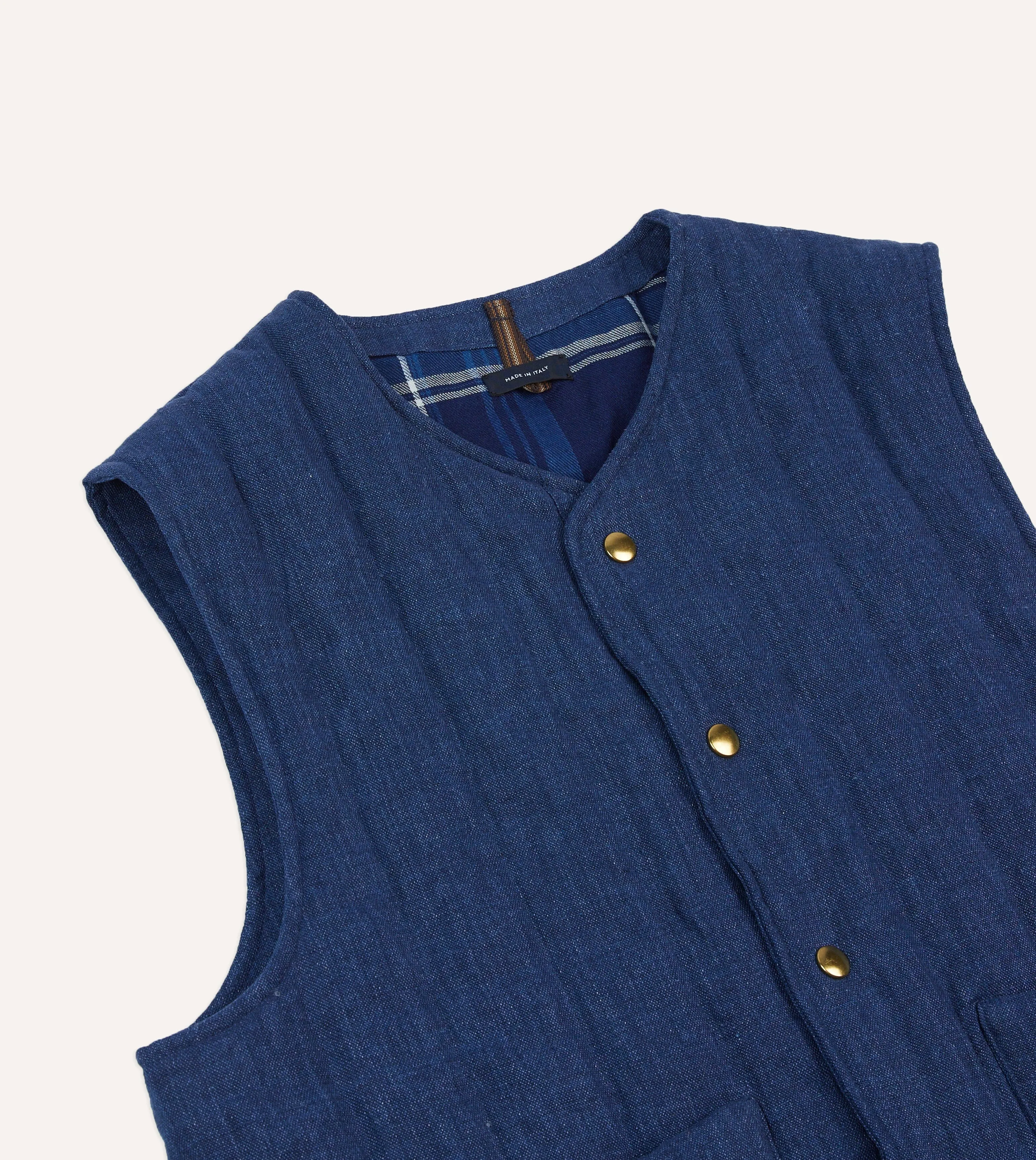 Blue Linen Quilted Snap Vest