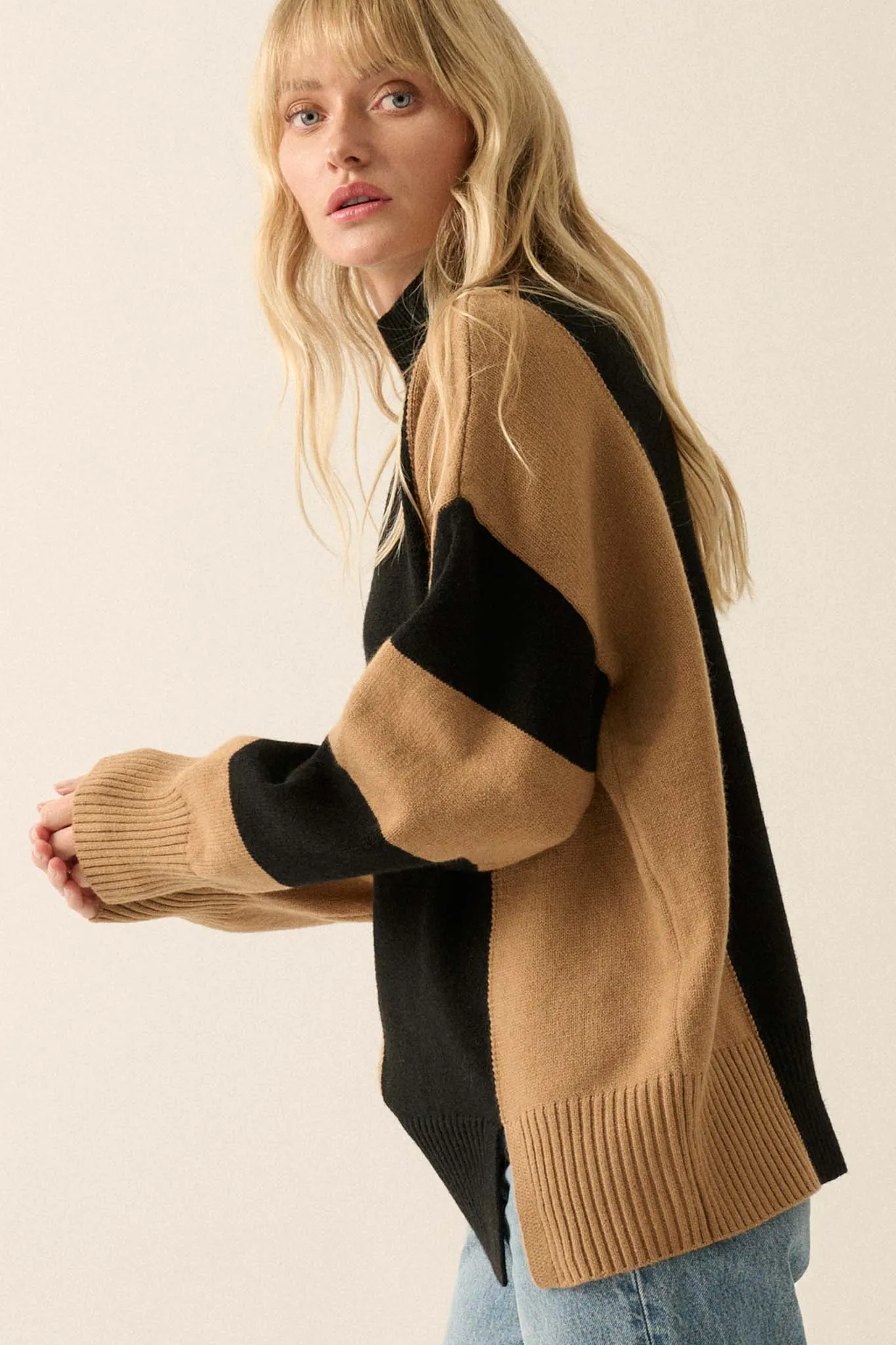 Bold Move Colorblock Striped Mock Neck Sweater