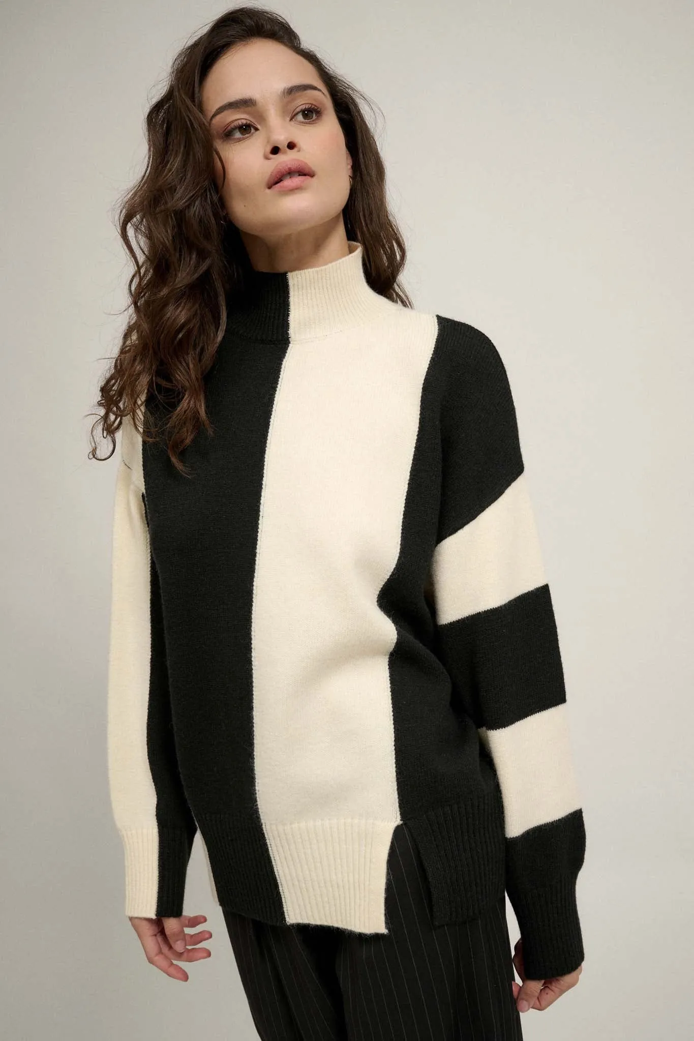 Bold Move Colorblock Striped Mock Neck Sweater