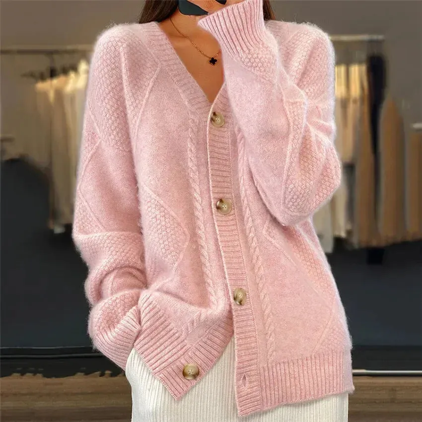 Breasted Trend Solid Color V-neck Knitted Brocade Long Sleeve Women Coats