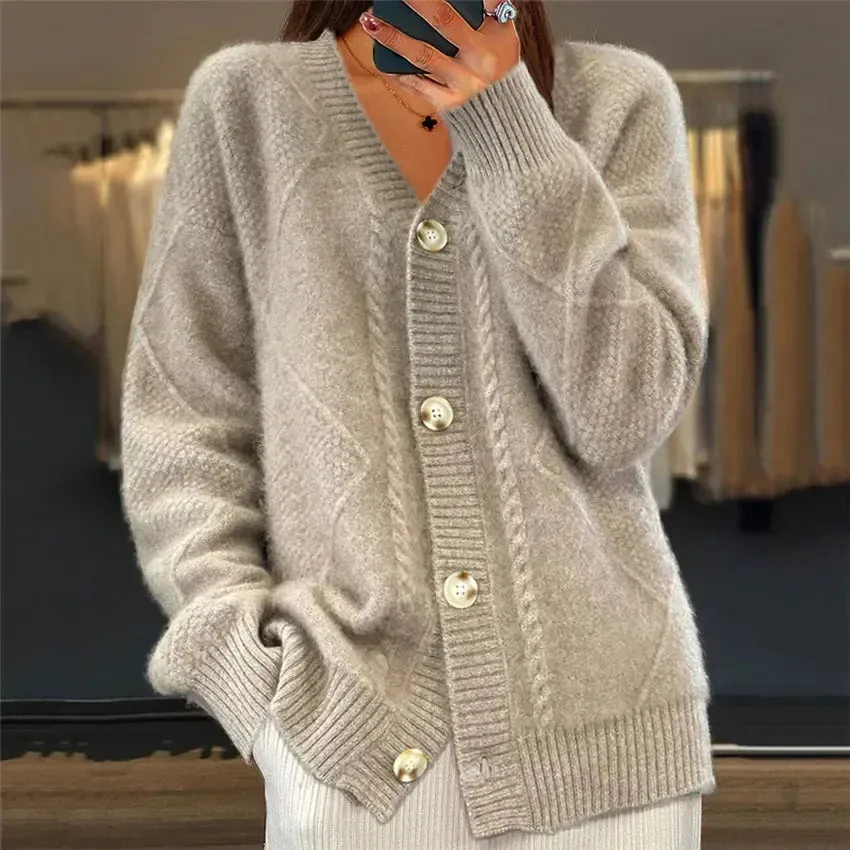 Breasted Trend Solid Color V-neck Knitted Brocade Long Sleeve Women Coats