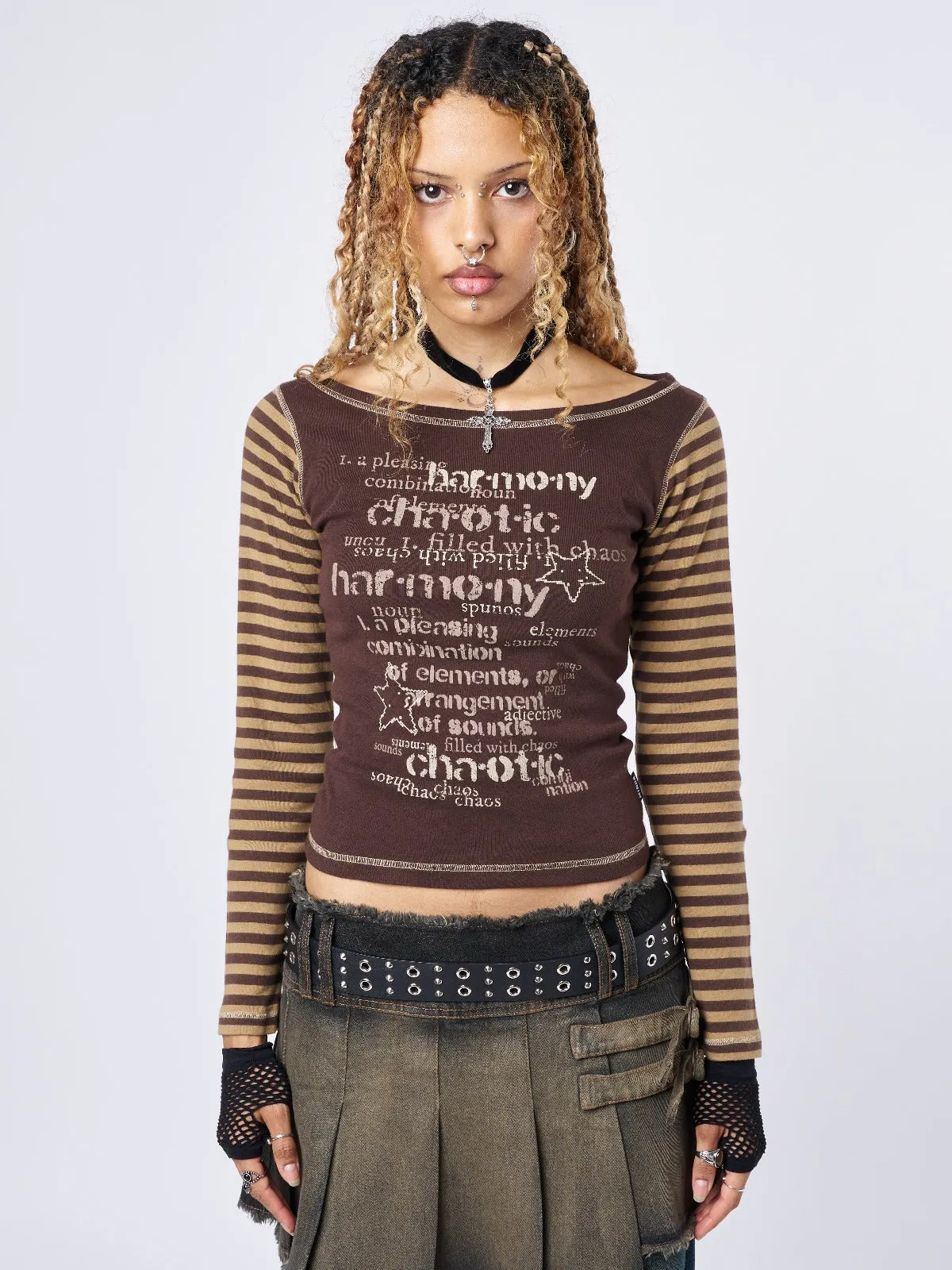 Chaotic Harmony Brown Striped Graphic Top