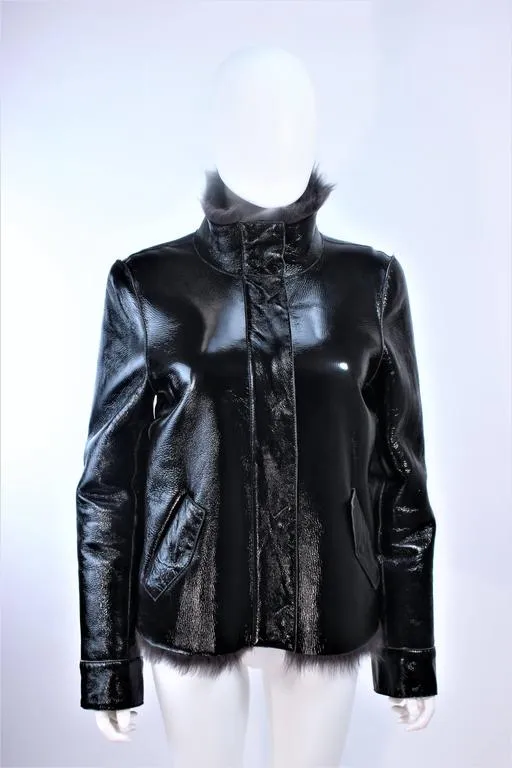 COSTUME NATIONAL Black Patent Leather Gray Goat Jacket Size 6-8