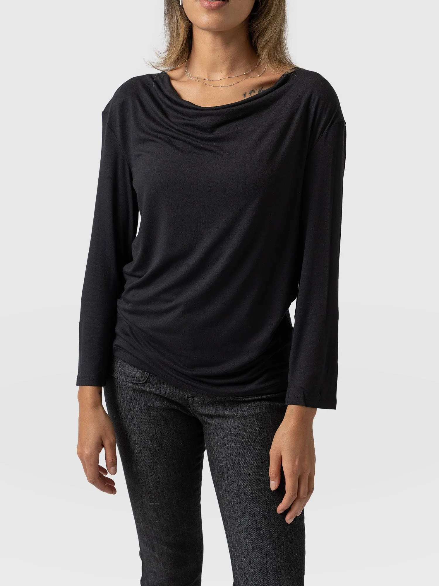 Cowl Neck Tee Long Sleeve - Black