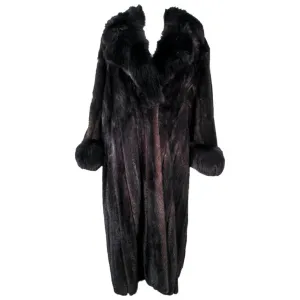 CUSTOM Dark Brown Mink Coat with Fox Fur Cuffs and Collar Size 8-12