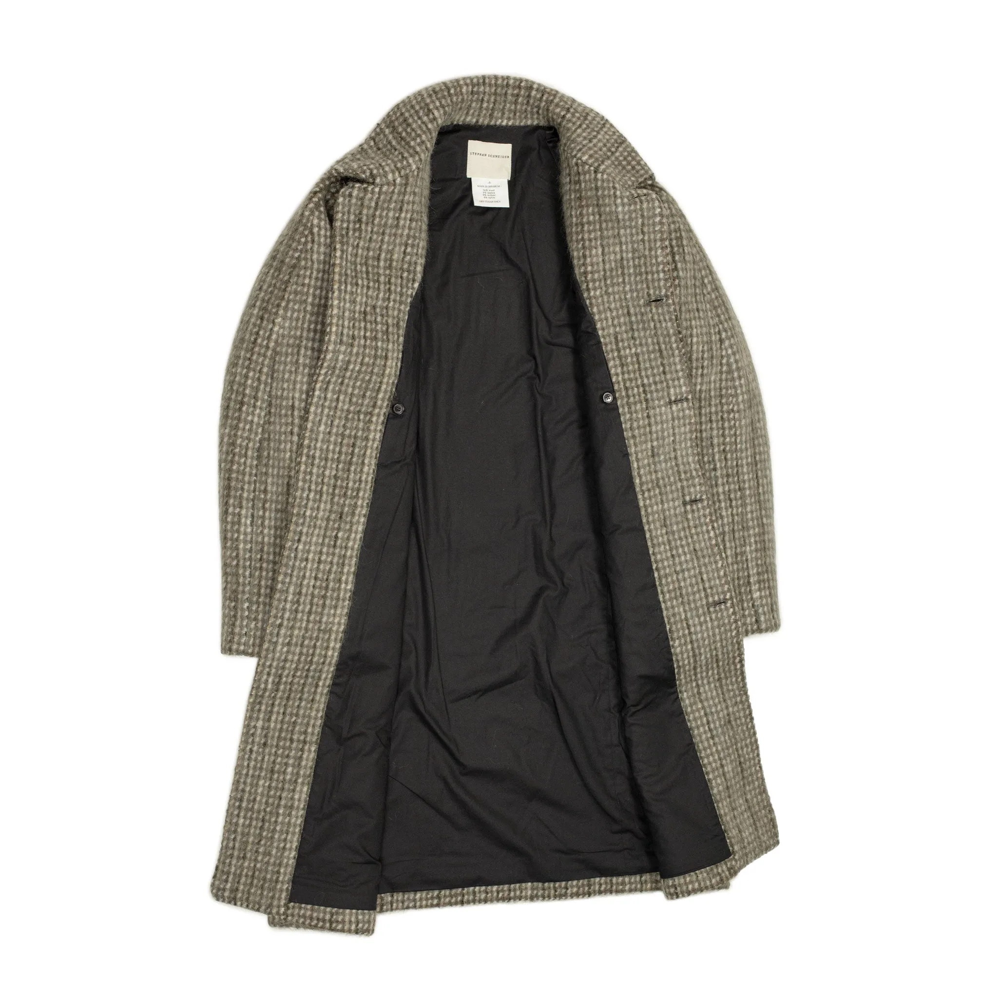 Dolman overcoat in "Foggy" grey, black and olive checked mohair mix