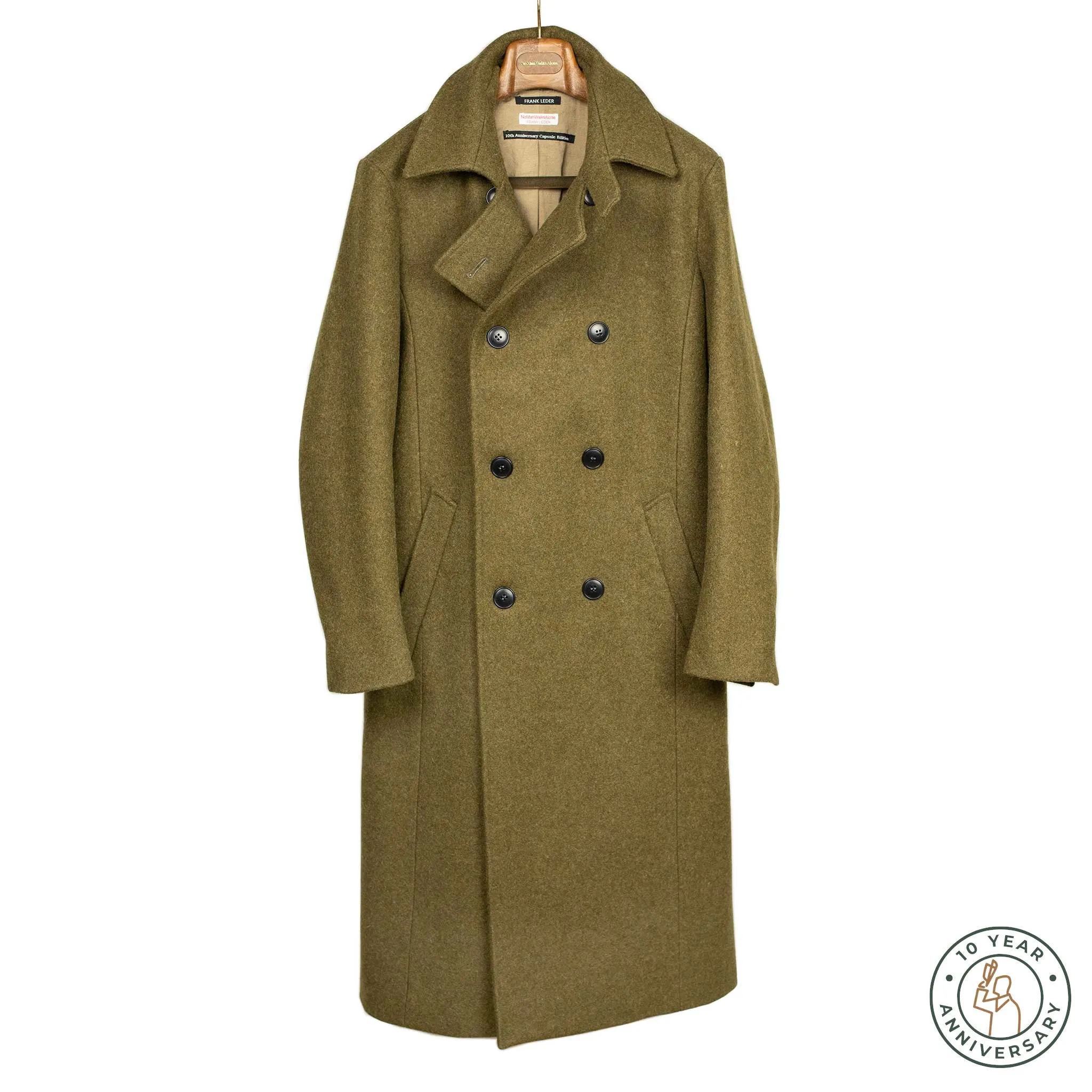 Double-breasted long Great Coat in forest green wool (10th Anniversary Capsule)