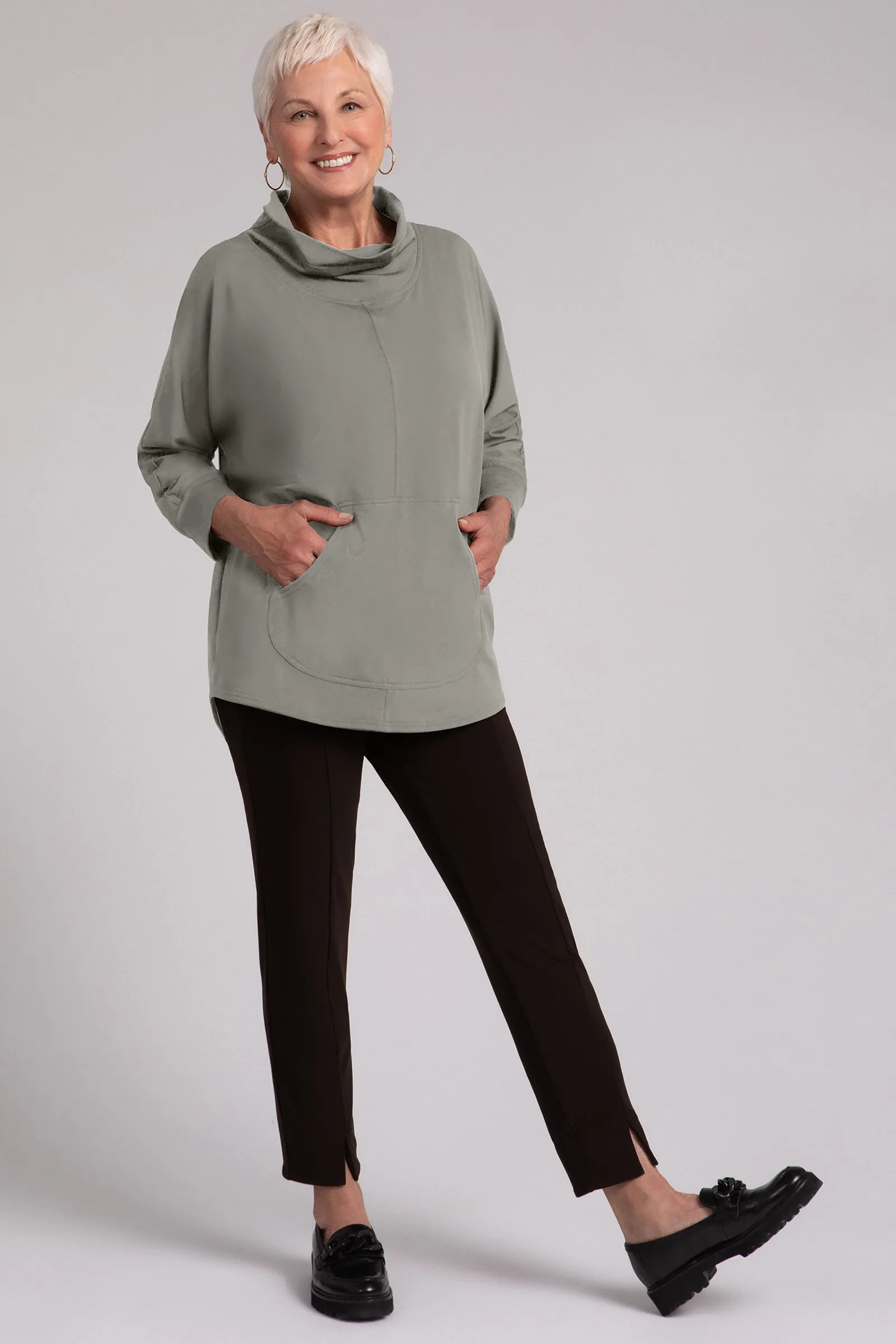 Fleece Back Jersey Funnel Neck Pullover with Kangaroo Pocket | Taupe