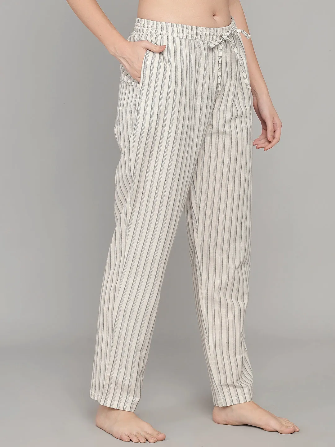 Gray and Offwhite Cotton Stripe Women's Pyjama