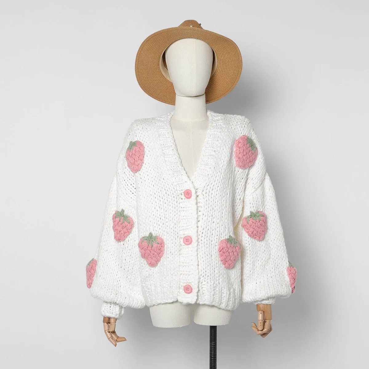 Handmade 3D Strawberries Cardigan Sweater