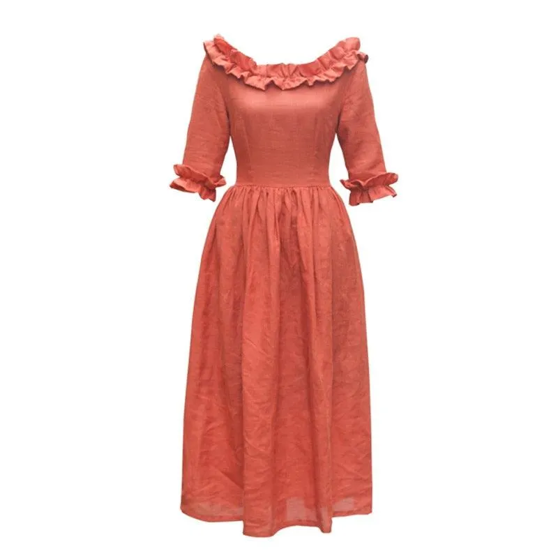 Hazel Vintage Elegant Slim Slash Neck Half Sleeve Cotton Linen Long Dresses