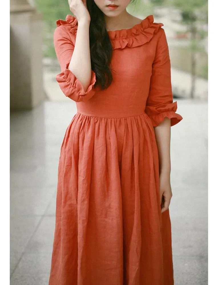 Hazel Vintage Elegant Slim Slash Neck Half Sleeve Cotton Linen Long Dresses