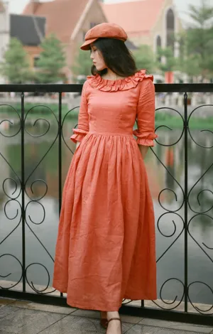 Hazel Vintage Elegant Slim Slash Neck Half Sleeve Cotton Linen Long Dresses