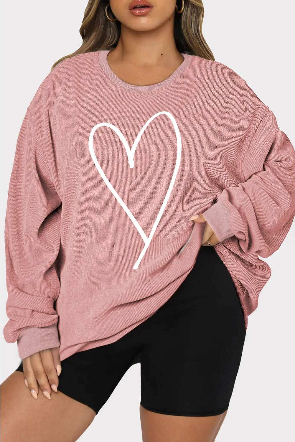 Hi Curvy Plus Size Women Heart Ribbed Round Neck Sweatshirt