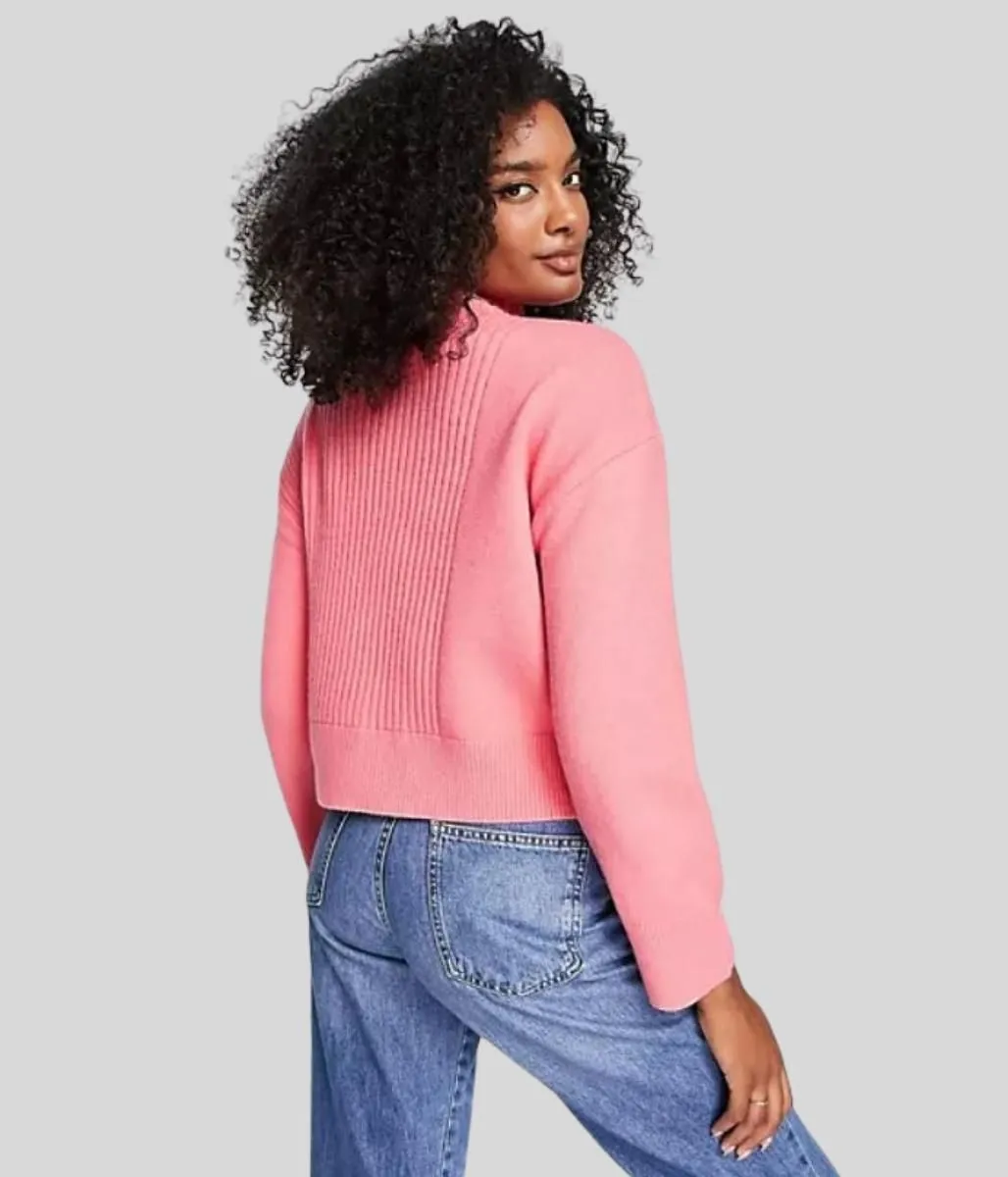 Hot Pink Part Ribbed Funnel Neck Jumper