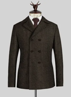 Italian Highlander Army Green Herringbone Tweed Pea Coat