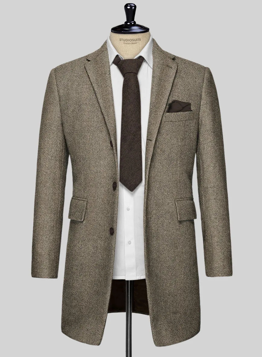 Italian Highlander Stone Beige Herringbone Tweed Overcoat