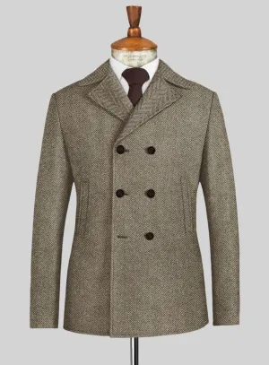 Italian Highlander Stone Beige Herringbone Tweed Pea Coat