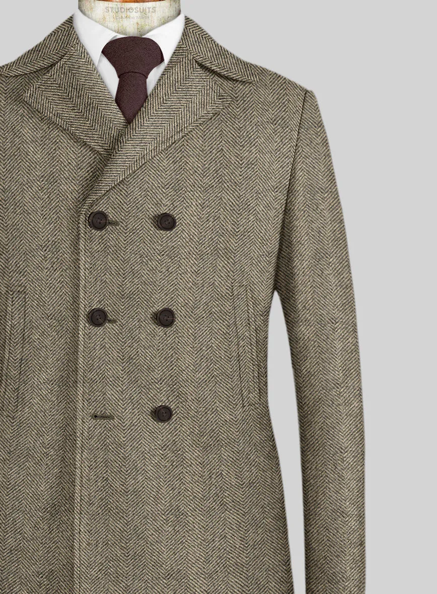 Italian Highlander Stone Beige Herringbone Tweed Pea Coat