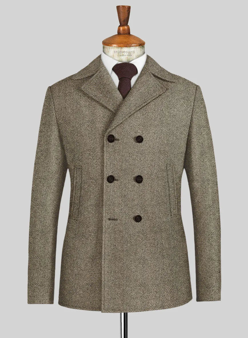 Italian Highlander Stone Beige Herringbone Tweed Pea Coat