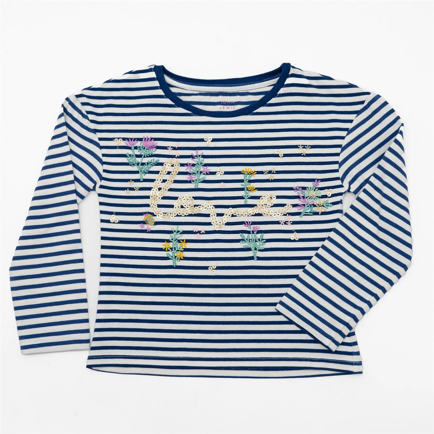 John Lewis Girls Navy Breton Stripe with Sparkle Love Embellishment Long Sleeve Tops