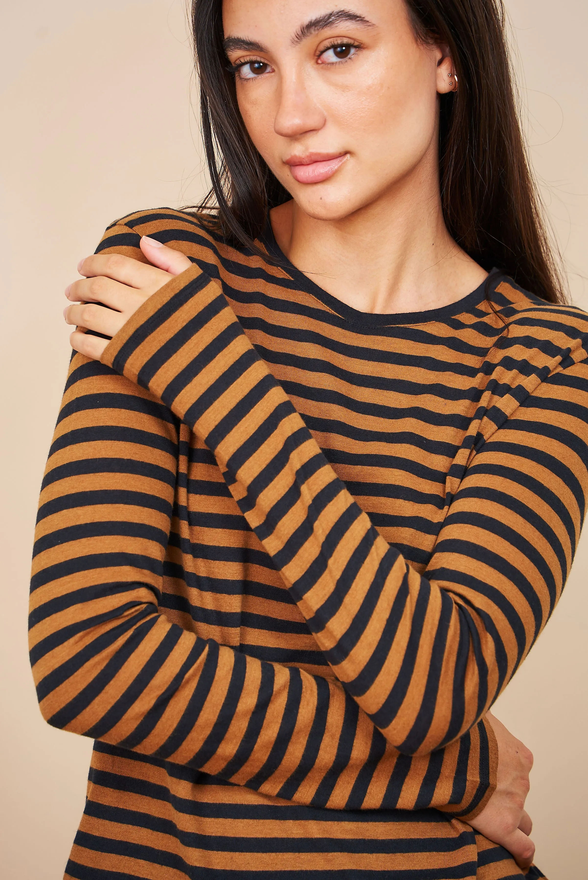 Majestic Cotton/Cashmere Striped Crewneck in Camel/Black