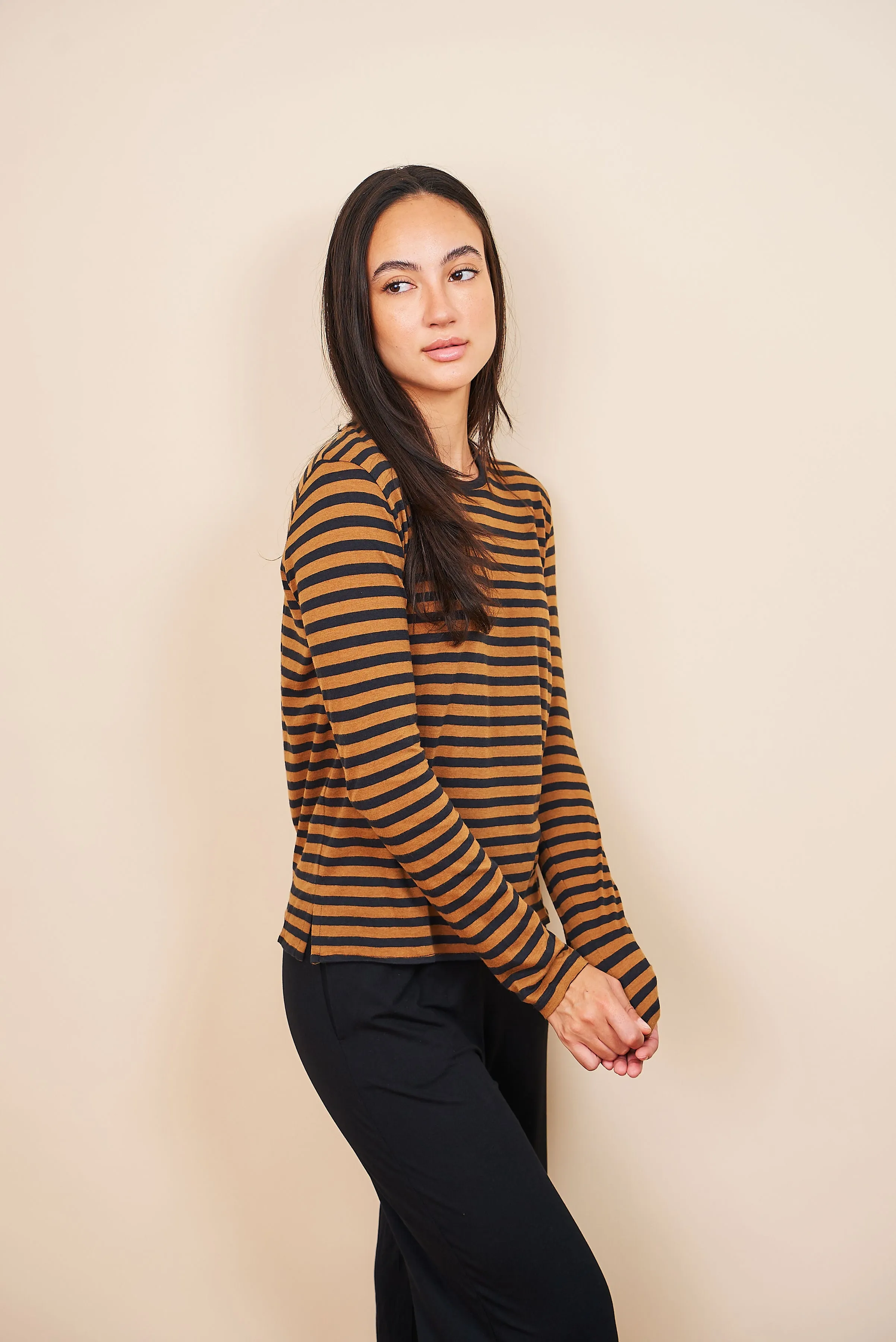 Majestic Cotton/Cashmere Striped Crewneck in Camel/Black