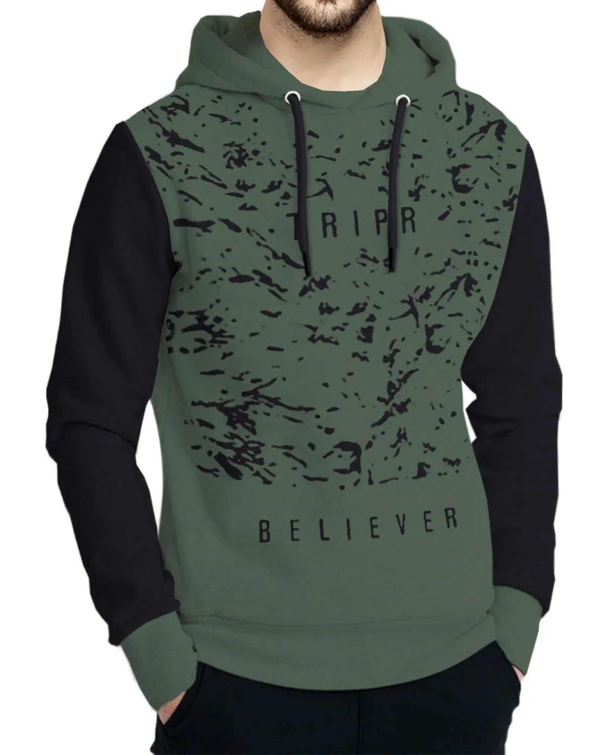 Men Olive Green Black Printed Hooded Sweatshirt