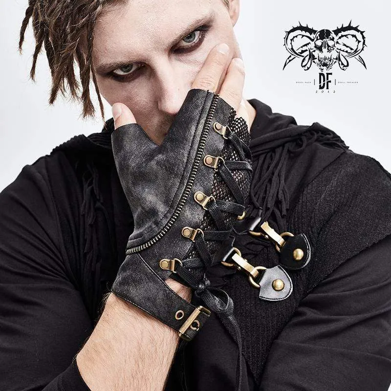 Men's Punk Lace-up Mesh Faux Leather Half Gloves