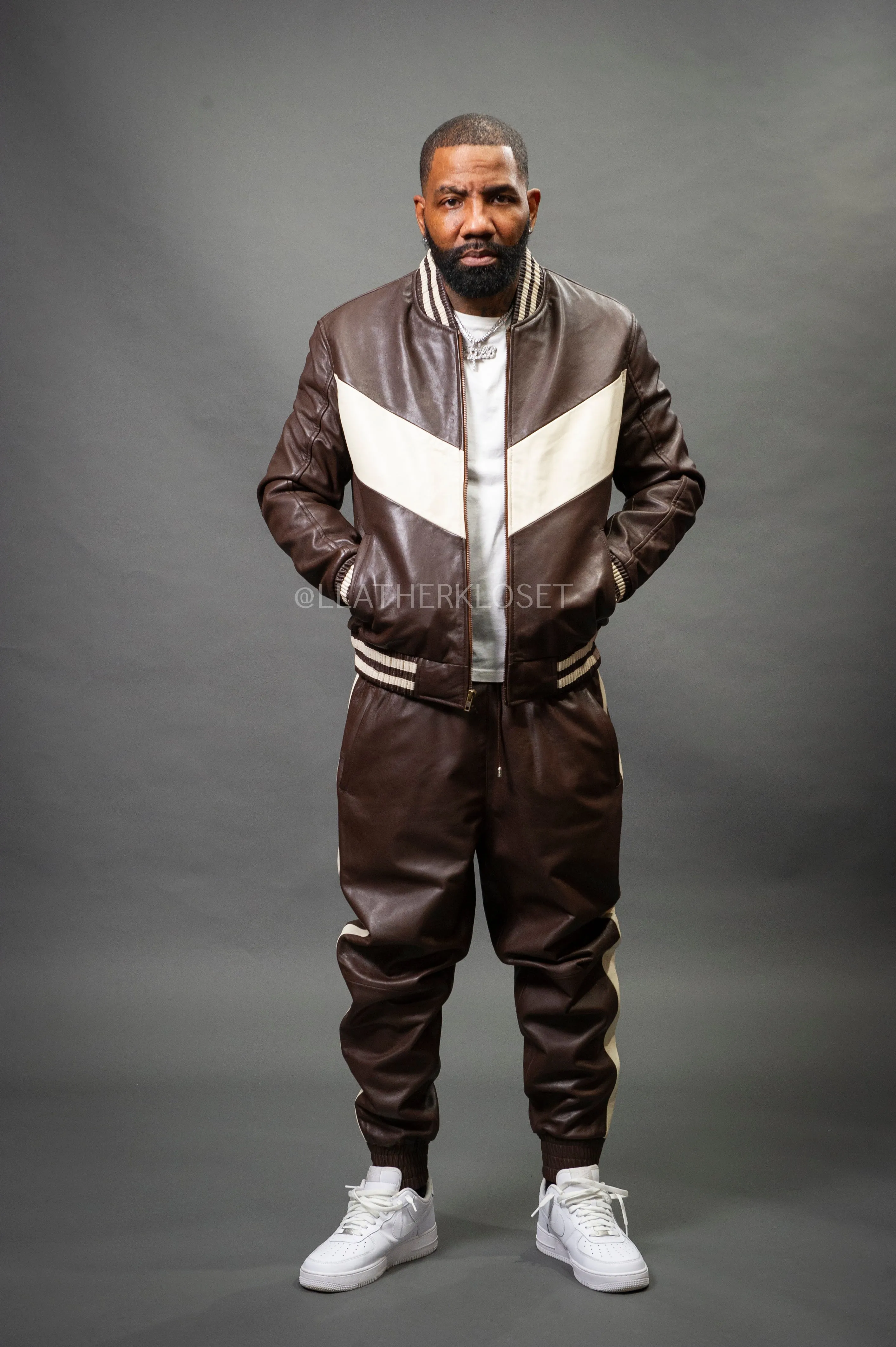 Men's V-Baseball Leather Track Suit Sweatsuit [Chocolate/Beige]