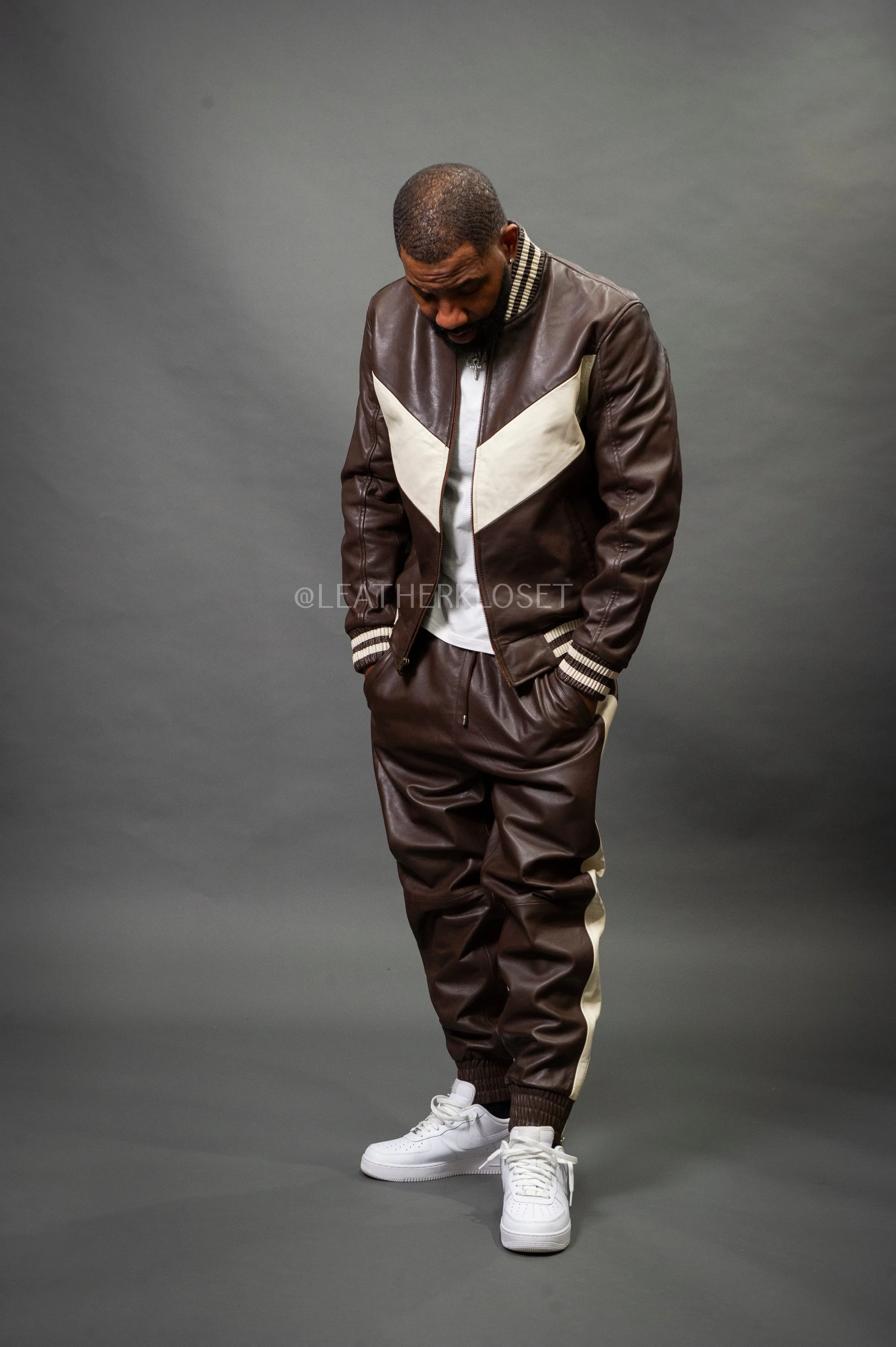 Men's V-Baseball Leather Track Suit Sweatsuit [Chocolate/Beige]