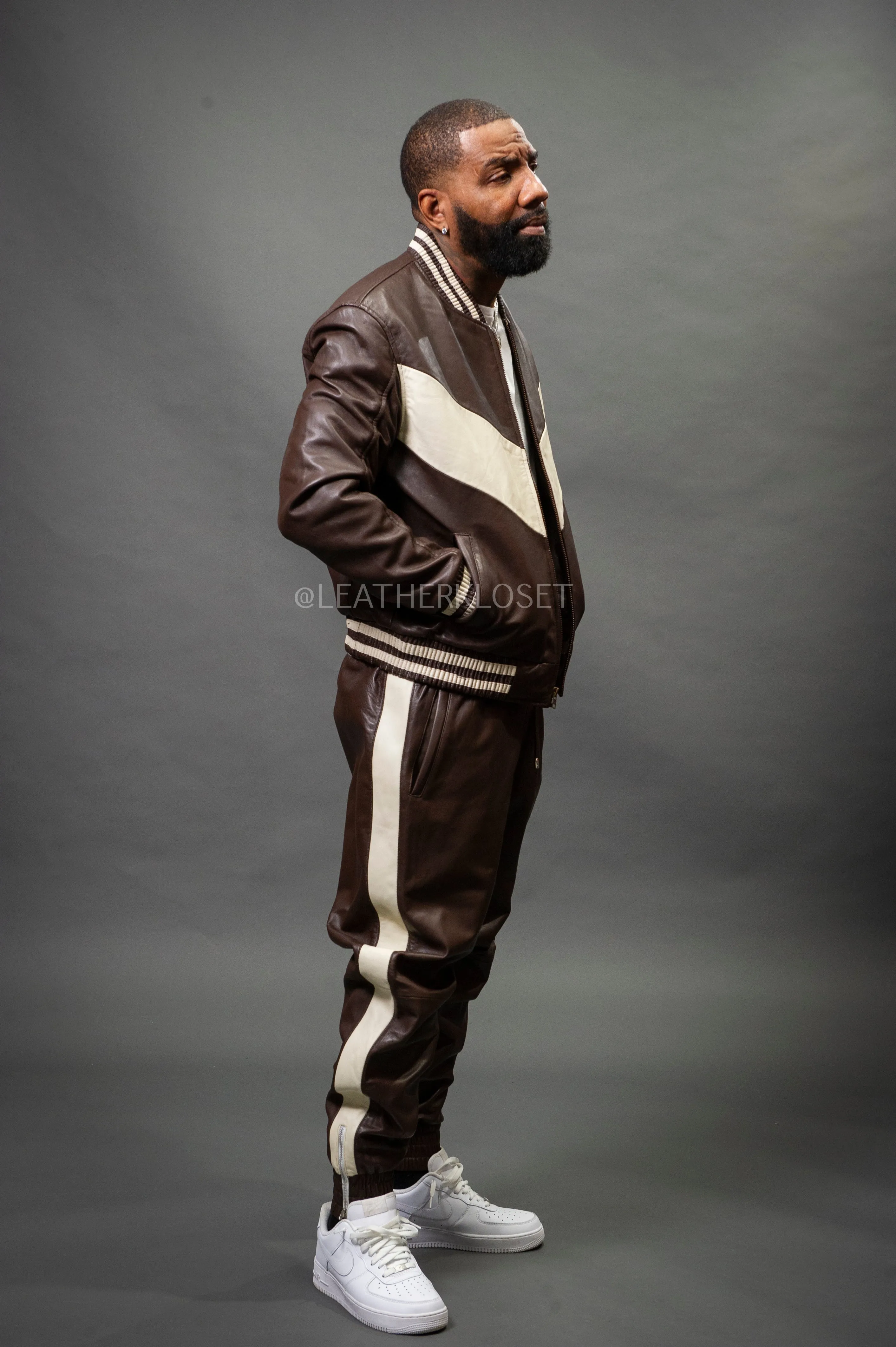 Men's V-Baseball Leather Track Suit Sweatsuit [Chocolate/Beige]