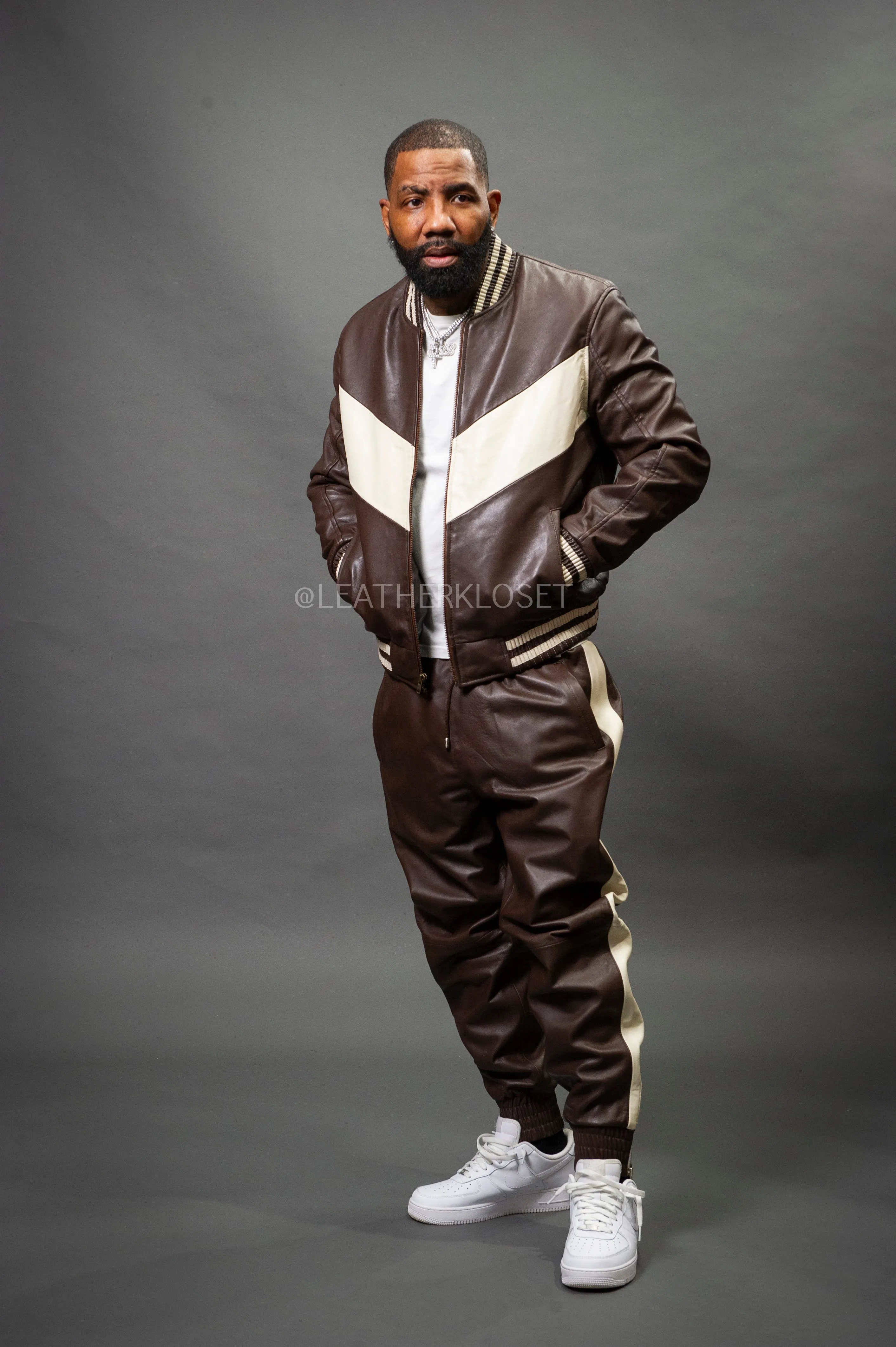 Men's V-Baseball Leather Track Suit Sweatsuit [Chocolate/Beige]