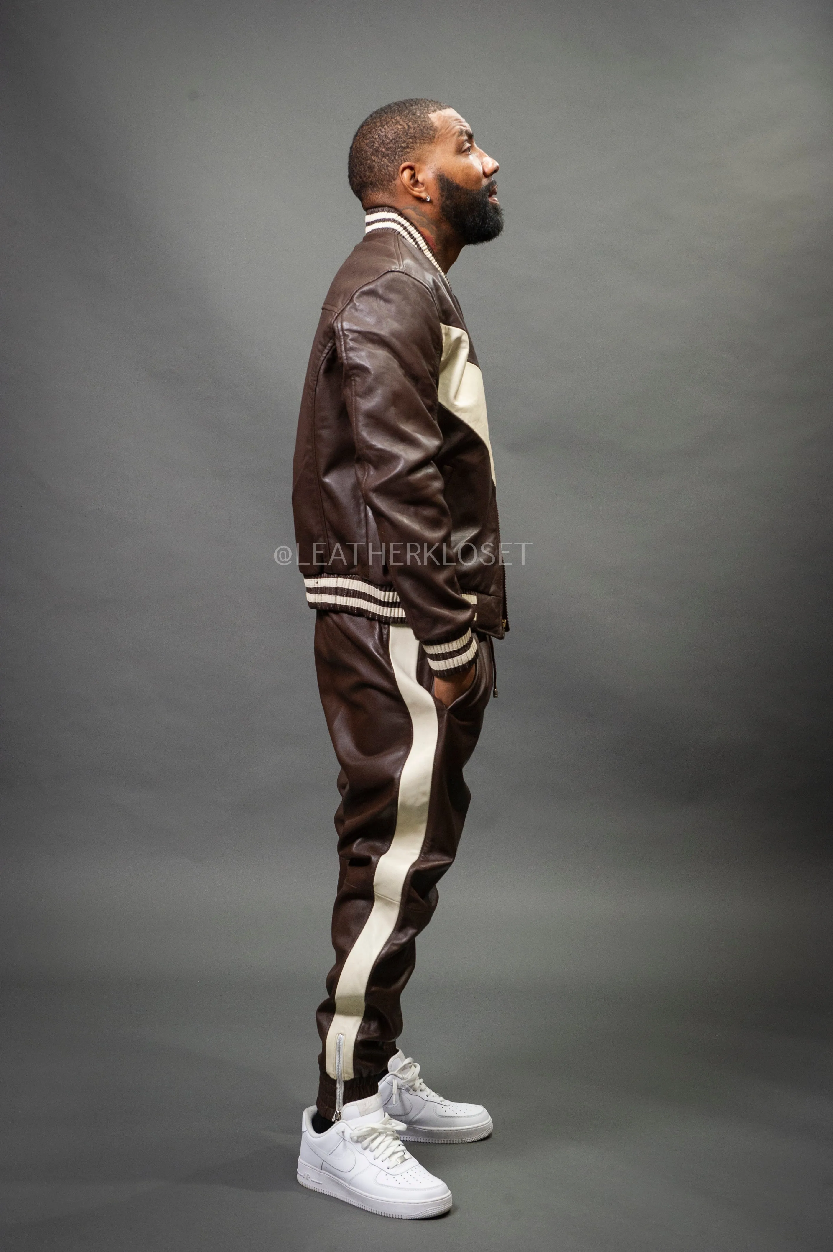 Men's V-Baseball Leather Track Suit Sweatsuit [Chocolate/Beige]