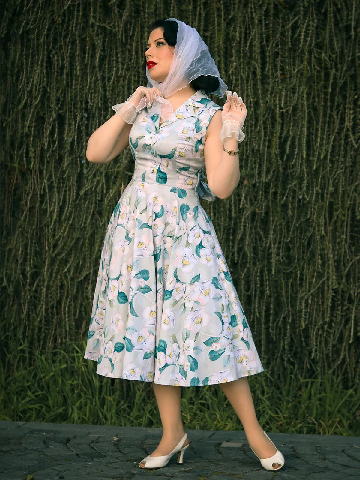 Pale Green Floral Vintage Style Swing Dress