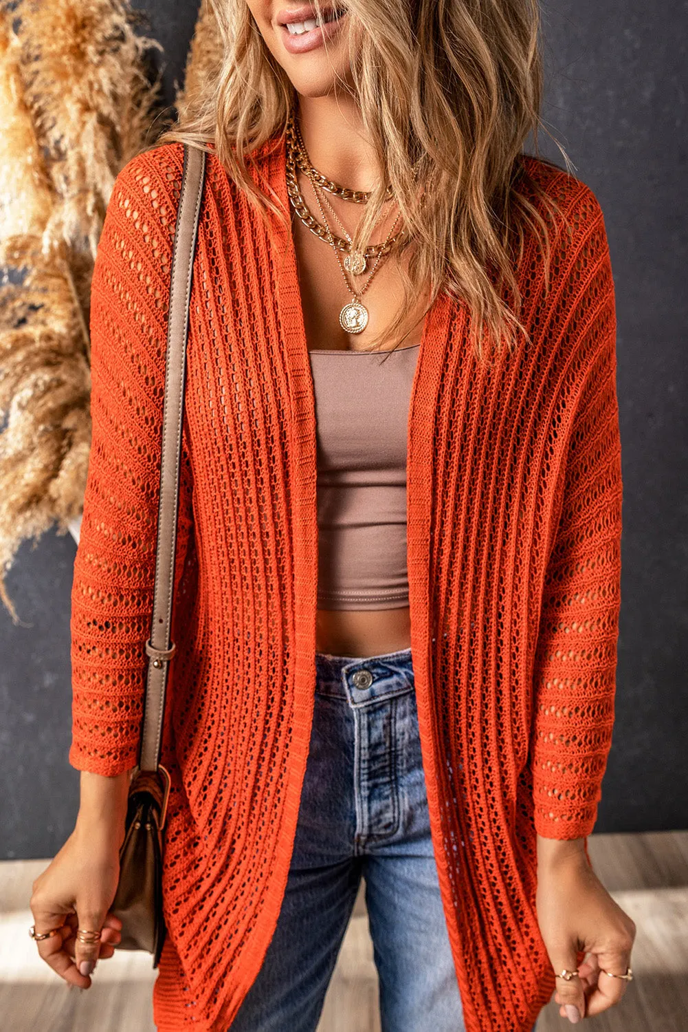 Rose Hollow-out Knit Kimono Lightweight Cardigan