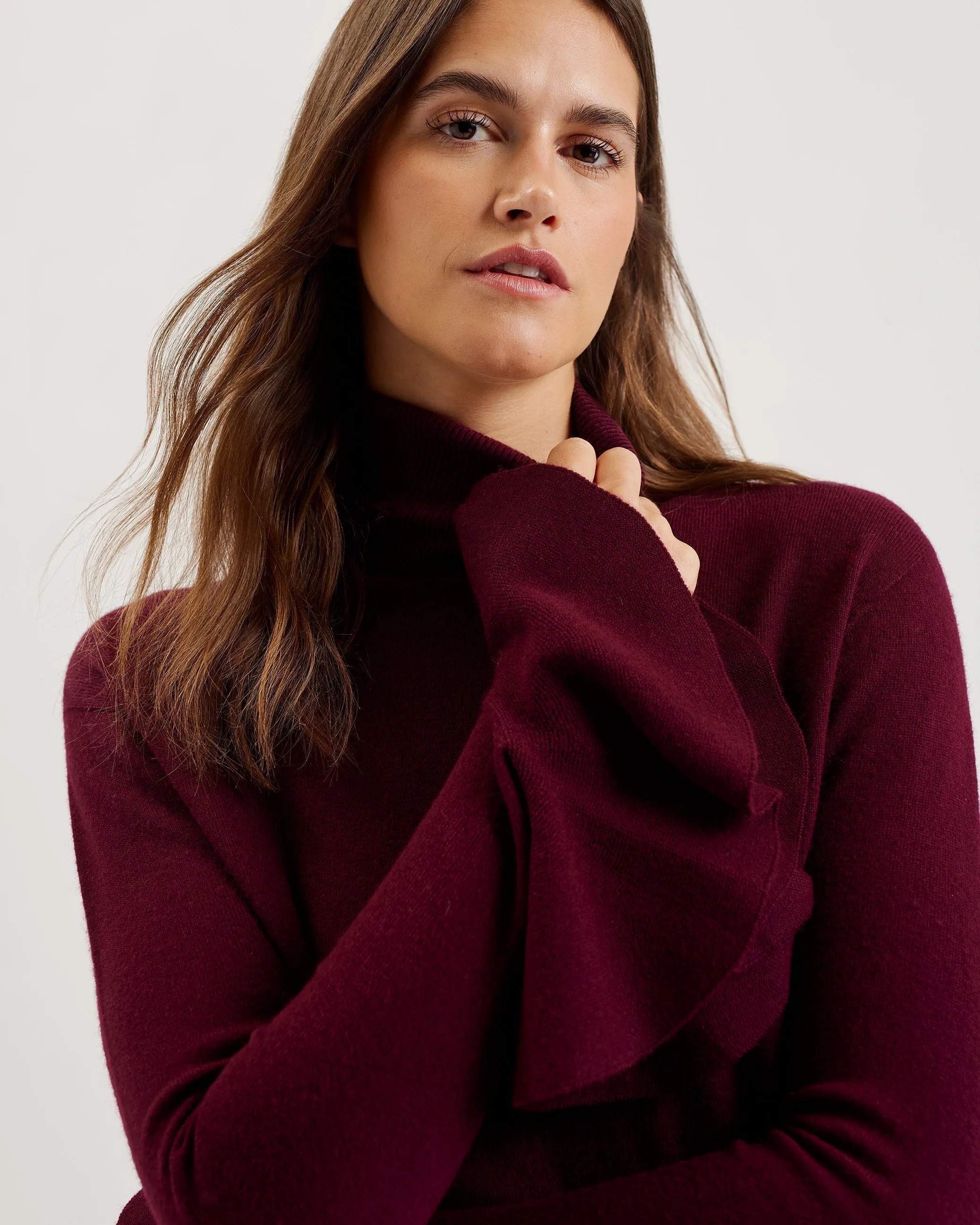 Tamsenn Roll Neck Fluted Sleeve Sweater Dk-Red