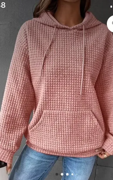 Tops-Blush Colored  Drawstring Waffle Pullover Hoodie