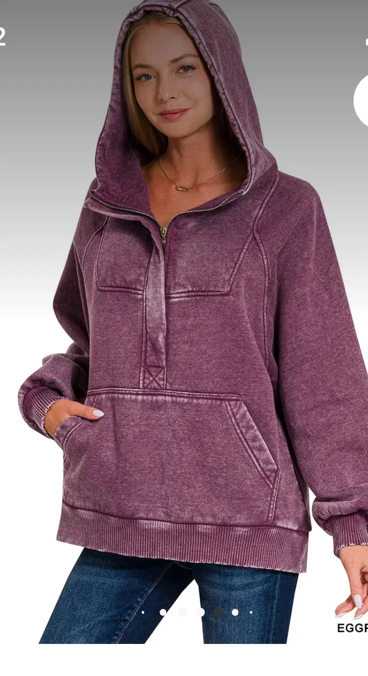 Tops- Washed Plum 1/4 Zip Closure Hoodie