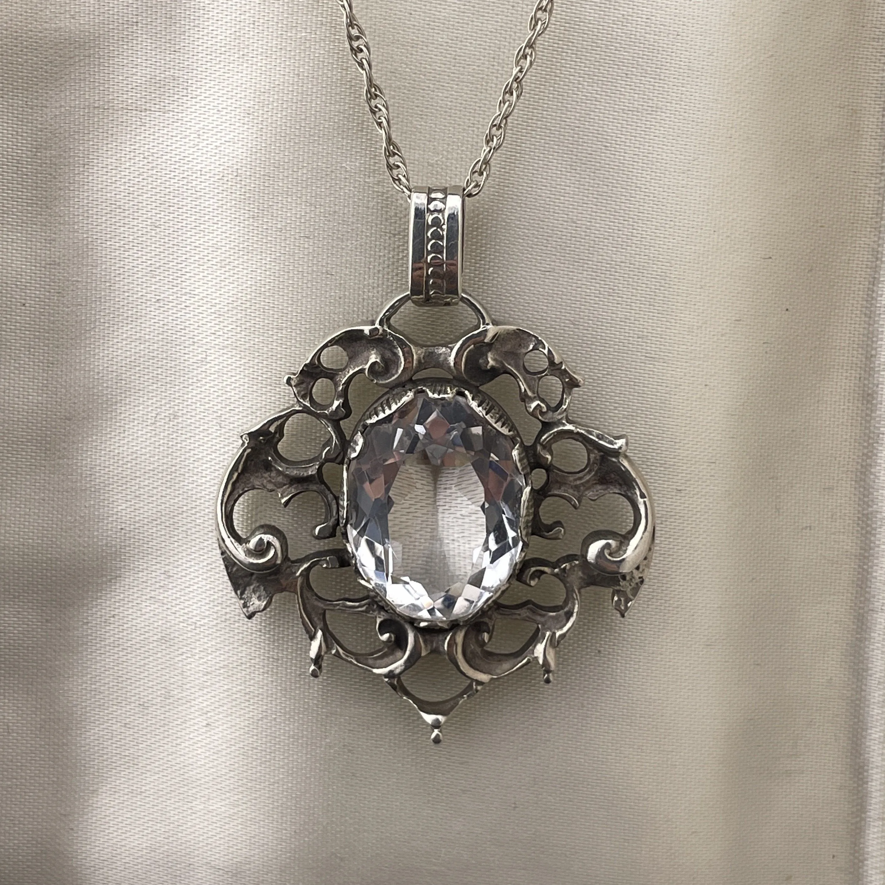 Vintage Arts and Crafts Style Silver Rock Crystal Pendant Necklace