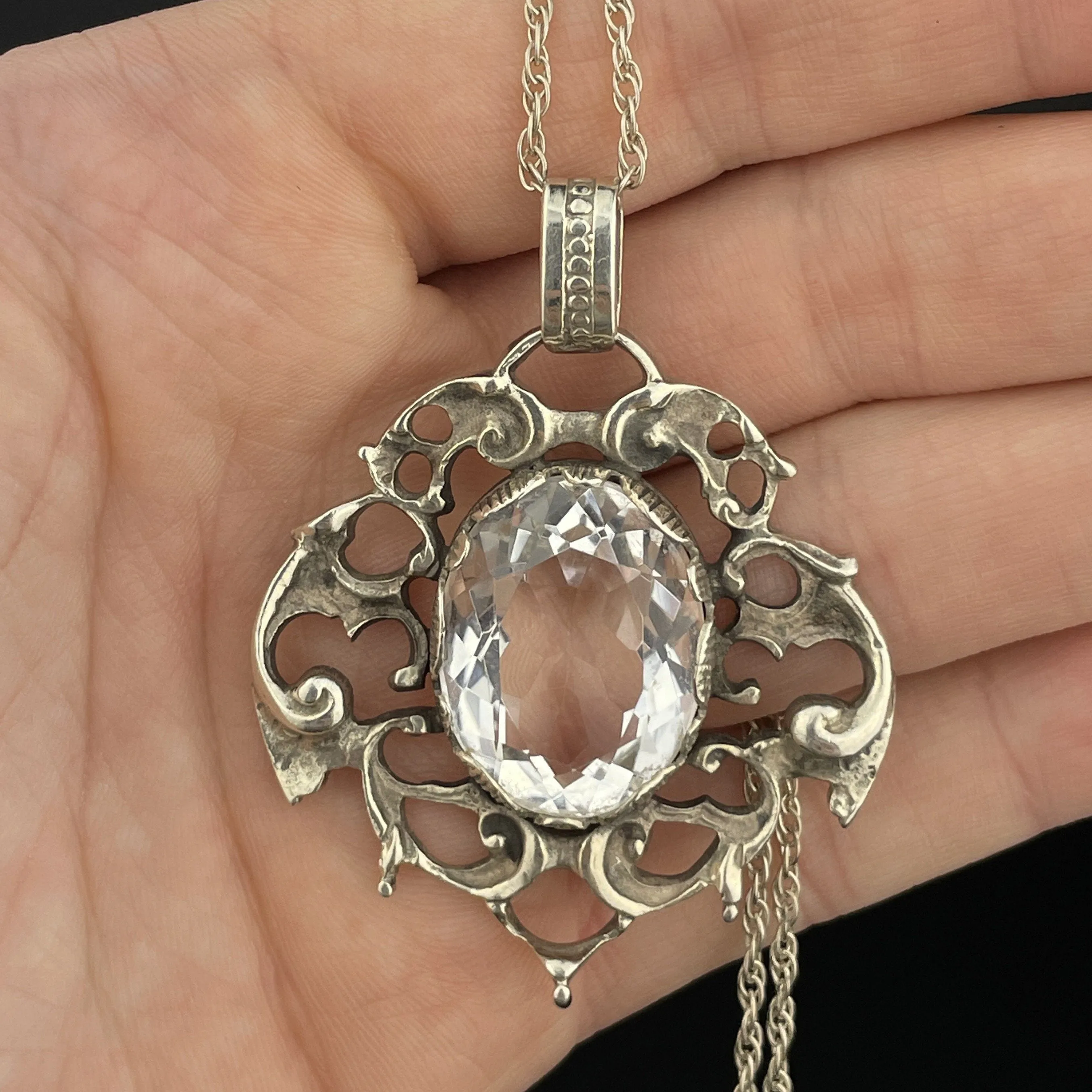 Vintage Arts and Crafts Style Silver Rock Crystal Pendant Necklace