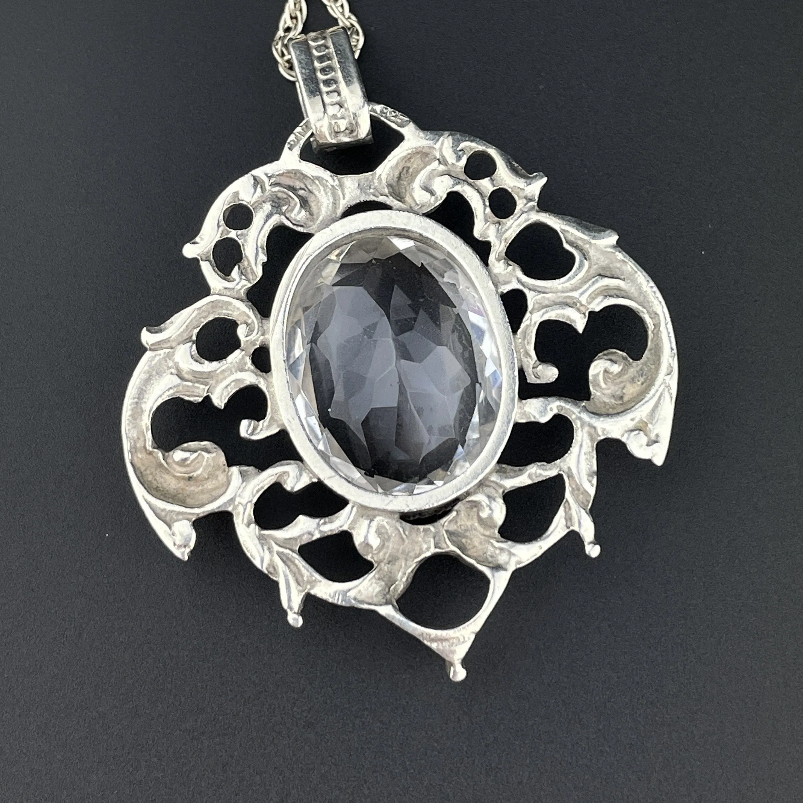 Vintage Arts and Crafts Style Silver Rock Crystal Pendant Necklace