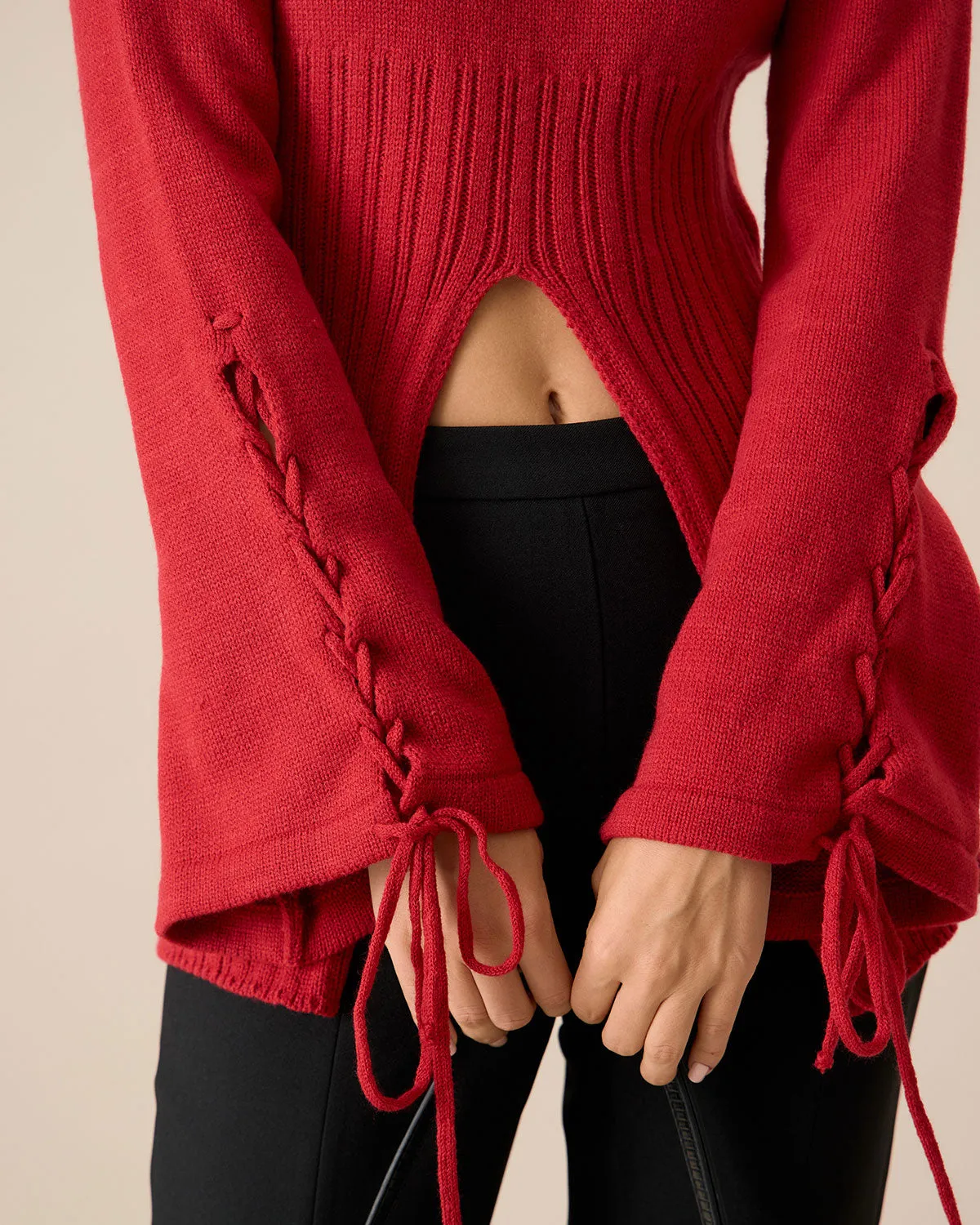 Women's Red Bell Sleeve Slit Sweater