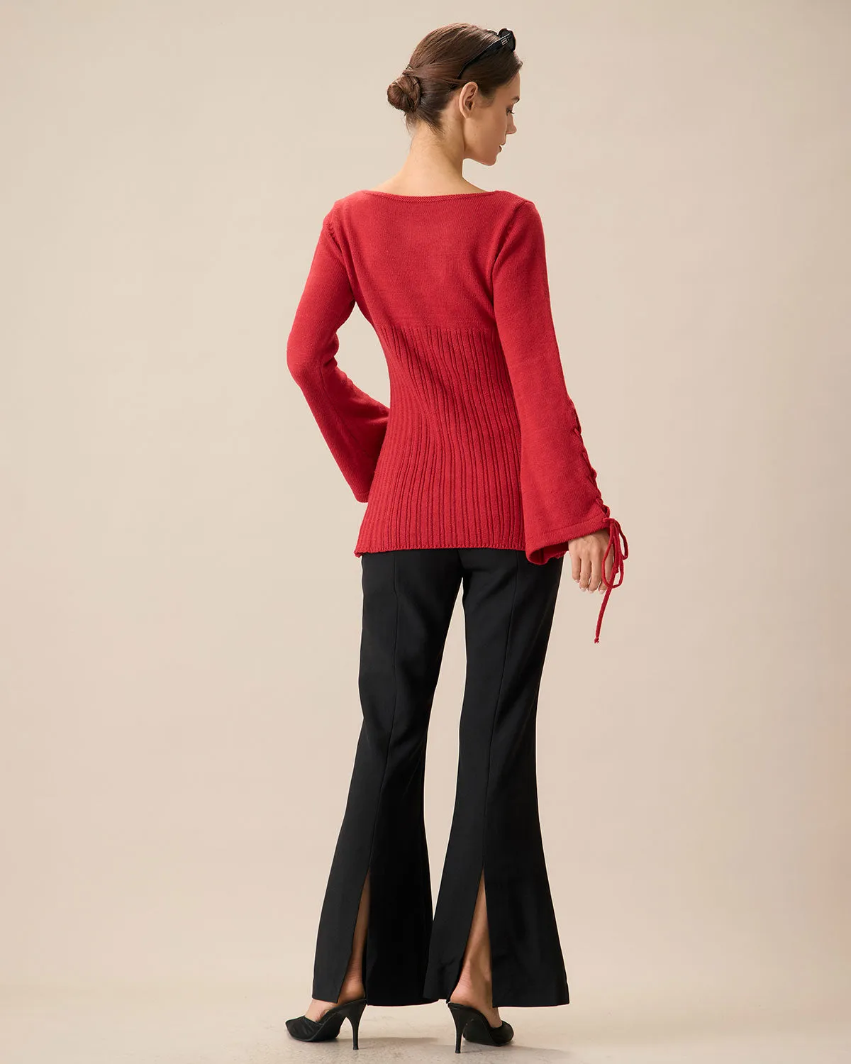 Women's Red Bell Sleeve Slit Sweater